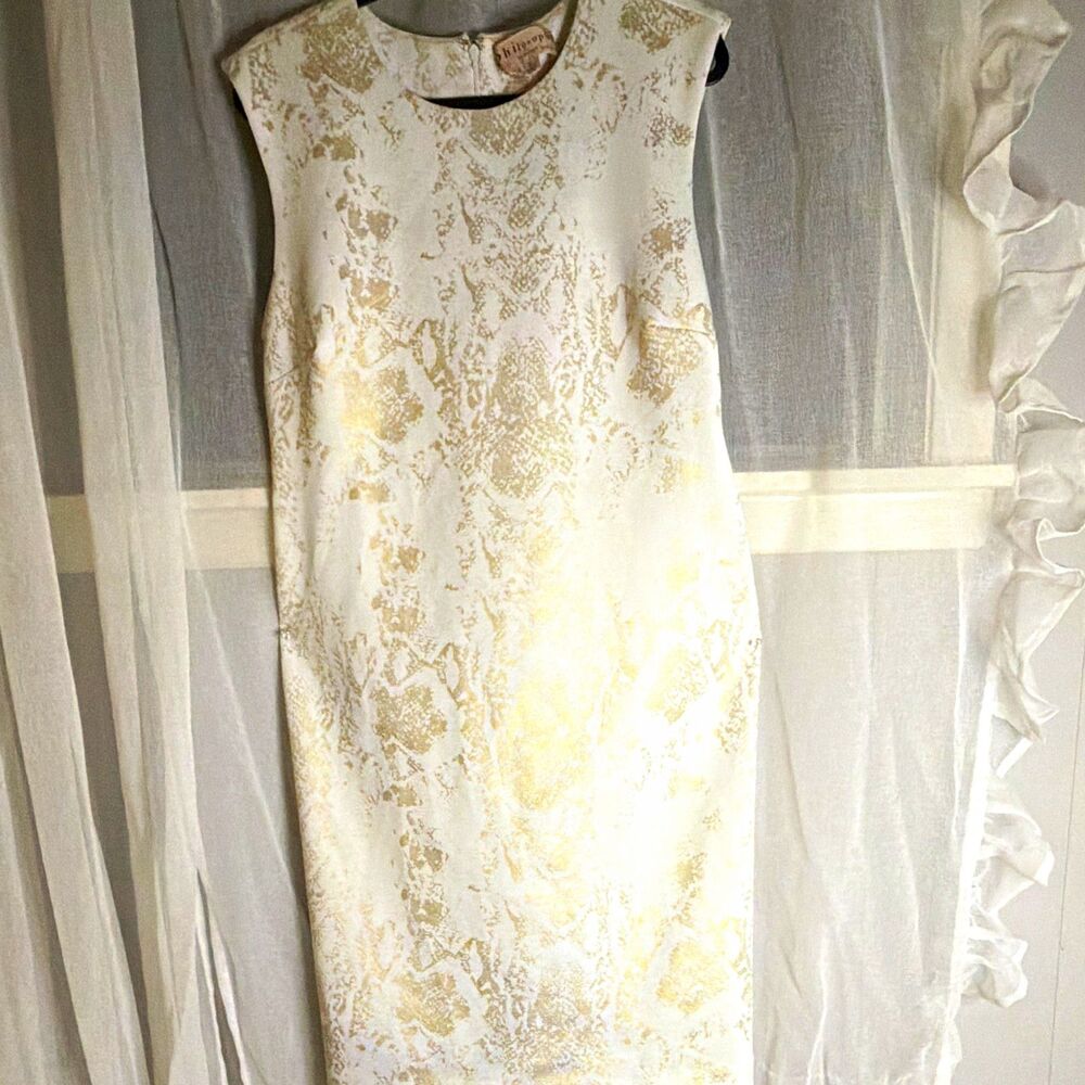 Philosophy White Gold Abstract Sleeveless Sheath Round Neck Knee Dress XL